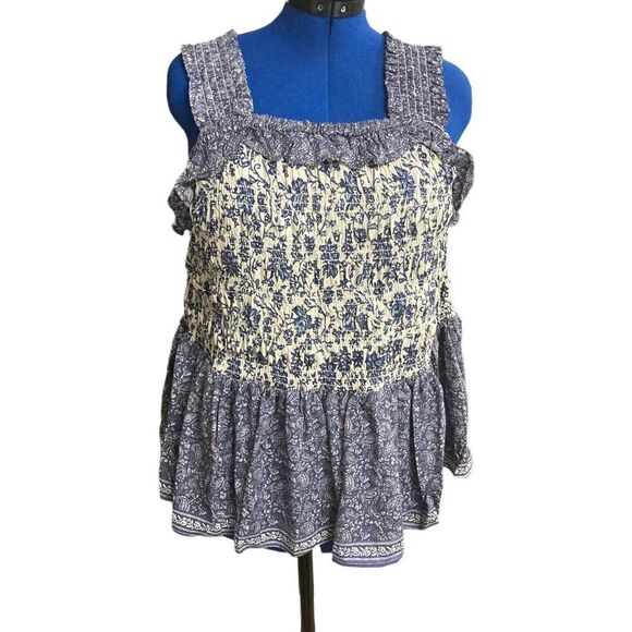 ROMANTIC GYPSY‎ Tank Top Blue & White Smocked Ruched Bodice Sleeveless Size 2X - Picture 1 of 7